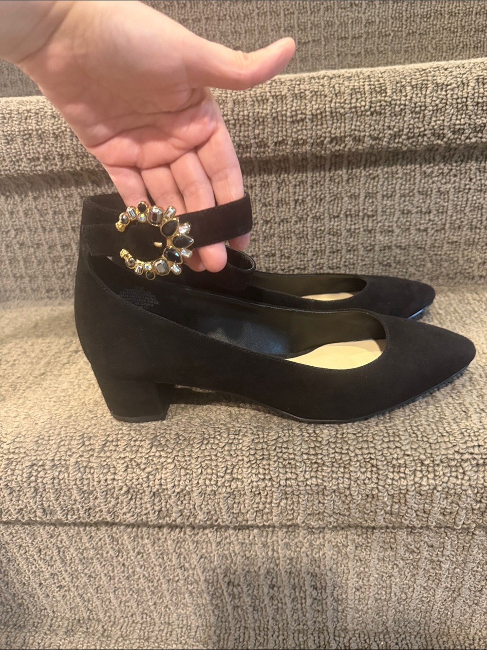 Nine West Black Suede Low Block Heel Pumps with Gold Crystal Embellishment